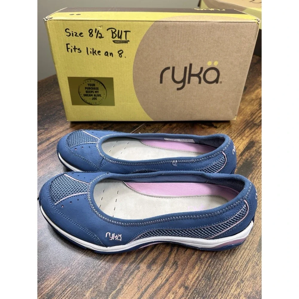 Ryka Tensile Slip On Blue Leather Fabric‎ Athletic Ballet Flats Womens Size 8.5